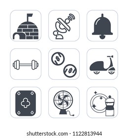 Premium outline, fill icons set on white background . Such as technology, cleaner, broom, poker, fitness, air, bicycle, fan, cash, winter, cycle, sport, exercise, igloo, cold, ride, satellite, north