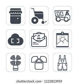 Premium outline, fill icons set on white background . Such as travel, food, sign, transport, cloud, nutrition, picture, accessibility, organic, blank, glass, envelope, truck, uniform, beacon, post
