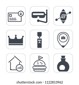 Premium outline, fill icons set on white background . Such as money, sailboat, olive, ship, work, location, currency, sport, sack, gallon, estate, summer, food, wealth, hand, mask, equipment, bag, sea