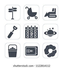 Premium outline, fill icons set on white background . Such as bank, equipment, baby, kid, nature, carriage, money, time, arrow, bulldozer, globe, kitchen, direction, spoon, food, doughnut, bucket, day