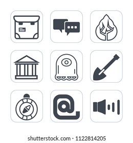 Premium outline, fill icons set on white background . Such as envelope, east, north, europe, sky, compass, equipment, construction, alien, landscape, sound, passport, message, environment, mobile, one