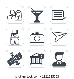 Premium outline, fill icons set on white background . Such as camera, technology, male, uniform, web, communication, group, photography, planet, staff, money, tropical, sign, person, drink, business