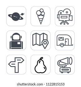 Premium outline, fill icons set on white background . Such as dessert, video, sweet, camera, chocolate, saturn, planet, travel, food, music, science, vintage, astronomy, traffic, arrow, fruit, tripod