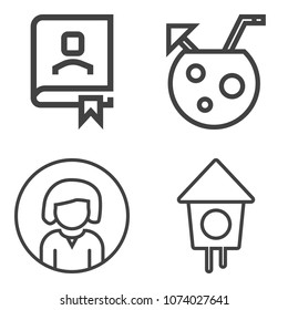 Premium outline set containing address, box, fresh, book, birdhouse, lime, bar, girl, party, wooden, bird, glass icons. Simple, modern flat vector illustration for mobile app, website or desktop app