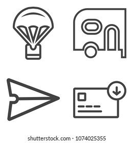 Premium outline set containing air, internet, vehicle, shipping, fly, transportation, cargo, currency, mail, van icons. Simple, modern flat vector illustration for mobile app, website or desktop app