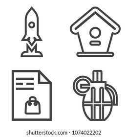 Premium outline set containing ammunition, technology, food, grocery, craft, spacecraft, decoration, house, nature icons. Simple, modern flat vector illustration for mobile app, website or desktop app