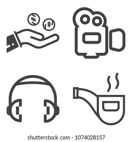 Premium outline set containing audio, bank, video, hand, focus, antique, banking, vintage, listen, tobacco, money icons. Simple, modern flat vector illustration for mobile app, website or desktop app