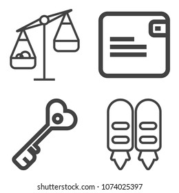 Premium outline set containing bag, modern, lock, access, unlock, female, secure, house, scale, money, equality,  icons. Simple, modern flat vector illustration for mobile app, website or desktop app