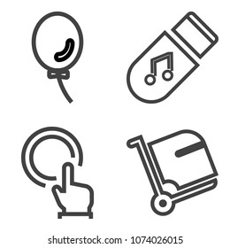 Premium outline set containing balloon, transportation, shiny, air, sound, melody, background, baggage, push, data icons. Simple, modern flat vector illustration for mobile app, website or desktop app