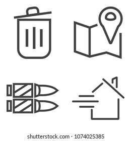 Premium outline set containing basket, home, house, environment, navigation, danger, recycle, property, gun, place icons. Simple, modern flat vector illustration for mobile app, website or desktop app