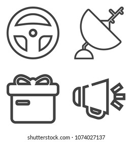 Premium outline set containing box, lab, space, wireless, medical, decoration, dish, gift, radar, audio, dentistry icons. Simple, modern flat vector illustration for mobile app, website or desktop app