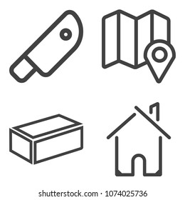 Premium outline set containing building, industry, axe, cooking, tool, hatchet, sign, blade, real, material, place icons. Simple, modern flat vector illustration for mobile app, website or desktop app