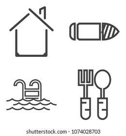 Premium outline set containing bullets, food, summer, bullet, residential, kitchen, leisure, blue, dinner, army icons. Simple, modern flat vector illustration for mobile app, website or desktop app