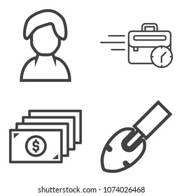Premium outline set containing business, sign, sitting, shovel, equipment, wrench, dollar, night, finance, female icons. Simple, modern flat vector illustration for mobile app, website or desktop app