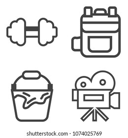 Premium outline set containing camera, texture, active, color, strength, barbell, leather, equipment, film, movie icons. Simple, modern flat vector illustration for mobile app, website or desktop app