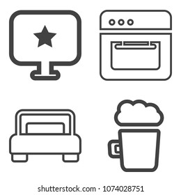 Premium outline set containing computer, sign, oven, mug, house, star, appliance, glass, decoration, pub, double icons. Simple, modern flat vector illustration for mobile app, website or desktop app