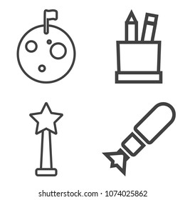 Premium outline set containing cosmos, medal, nuclear, case, office, equipment, victory, stationery, attack, prize icons. Simple, modern flat vector illustration for mobile app, website or desktop app