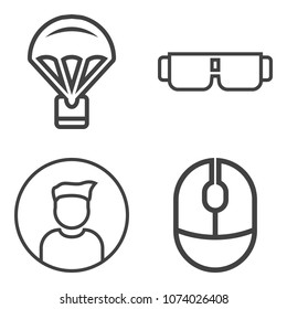 Premium outline set containing device, plastic, flight, air, social, parachute, eyeglasses, glasses, click, sport icons. Simple, modern flat vector illustration for mobile app, website or desktop app