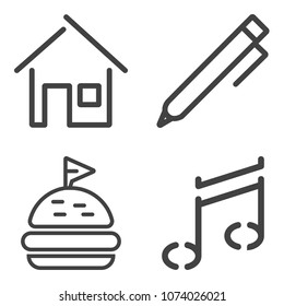 Premium outline set containing dinner, housing, pencil, hand, food, construction, sound, note, estate, melody, pen icons. Simple, modern flat vector illustration for mobile app, website or desktop app