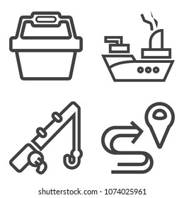 Premium outline set containing direction, sport, equipment, transportation, pointer, reel, tackle, catch, sea, gps icons. Simple, modern flat vector illustration for mobile app, website or desktop app