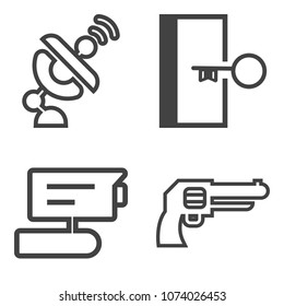 Premium outline set containing dish, weapon, science, private, gun, army, navigation, escape, spy, firearm, road icons. Simple, modern flat vector illustration for mobile app, website or desktop app