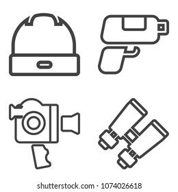 Premium outline set containing element, style, gun, game, technology, concept, film, handle, textile, hat, retro icons. Simple, modern flat vector illustration for mobile app, website or desktop app