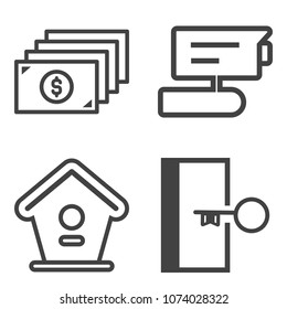 Premium outline set containing exit, tv, dollar, sign, finance, monitoring, money, tree, safe, nest, branch, arrow icons. Simple, modern flat vector illustration for mobile app, website or desktop app