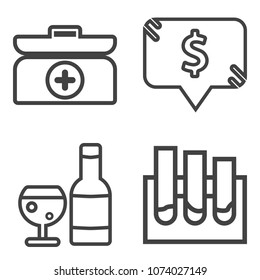 Premium outline set containing frame, help, price, card, bottle, science, equipment, business, sign, first, doctor icons. Simple, modern flat vector illustration for mobile app, website or desktop app