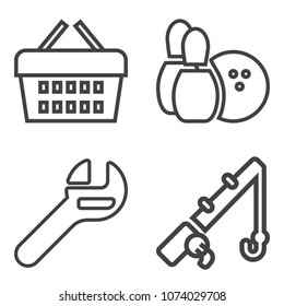 Premium outline set containing game, white, purchase, catch, rod, shop, pin, fishing, fish, tool, repair, service icons. Simple, modern flat vector illustration for mobile app, website or desktop app