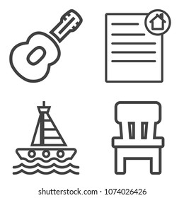 Premium outline set containing guitar, comfortable, vessel, armchair, water, estate, house, music, boat, electric icons. Simple, modern flat vector illustration for mobile app, website or desktop app