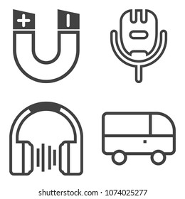 Premium outline set containing headphone, listen, voice, stereo, sing, road, mic, field, urban, studio, science icons. Simple, modern flat vector illustration for mobile app, website or desktop app