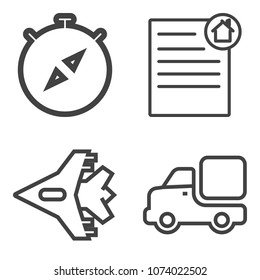 Premium outline set containing home, transportation, plane, south, traffic, mortgage, document, business, map, van icons. Simple, modern flat vector illustration for mobile app, website or desktop app