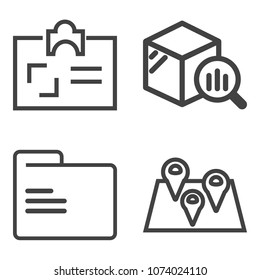 Premium outline set containing identification, id, location, badge, object, file, money, cargo, direction, travel icons. Simple, modern flat vector illustration for mobile app, website or desktop app