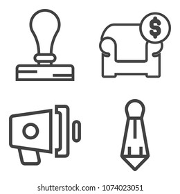 Premium outline set containing loud, shirt, sound, couch, tie, businessman, voice, announce, price, furniture, tag icons. Simple, modern flat vector illustration for mobile app, website or desktop app