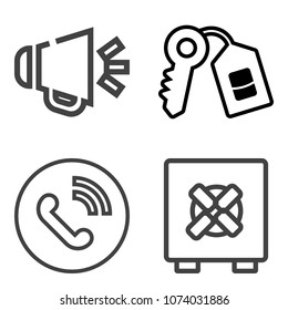Premium outline set containing loudspeaker, bank, music, lock, steel, sign, business, storage, home, circle, key icons. Simple, modern flat vector illustration for mobile app, website or desktop app