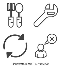 Premium outline set containing maintenance, sign, restaurant, silverware, tool, reload, cutlery, food, rotation icons. Simple, modern flat vector illustration for mobile app, website or desktop app
