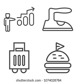 Premium outline set containing manager, housework, success, travel, tomato, work, airport, home, transportation icons. Simple, modern flat vector illustration for mobile app, website or desktop app