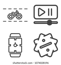 Premium outline set containing multimedia, volume, pedal, bike, hand, white, interface, discount, watch, bar, ride icons. Simple, modern flat vector illustration for mobile app, website or desktop app