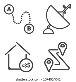 Premium outline set containing network, home, space, satellite, mortgage, internet, route, dish, estate, pin, gps icons. Simple, modern flat vector illustration for mobile app, website or desktop app