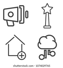Premium outline set containing new, announcement, home, computer, add, business, construction, apartment, emblem icons. Simple, modern flat vector illustration for mobile app, website or desktop app