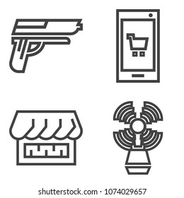 Premium outline set containing online, firearm, business, decoration, shop, marine, war, device, modern, buy, hand icons. Simple, modern flat vector illustration for mobile app, website or desktop app
