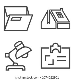 Premium outline set containing open, document, style, furniture, decoration, exterior, roofing, interior, identity icons. Simple, modern flat vector illustration for mobile app, website or desktop app