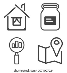 Premium outline set containing packaging, food, housing, pin, can, map, construction, metallic, gps, magnify, web icons. Simple, modern flat vector illustration for mobile app, website or desktop app