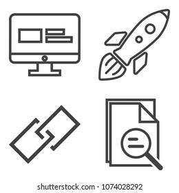 Premium outline set containing page, element, template, science, navigation, glass, astronaut, magnify, ship, lens icons. Simple, modern flat vector illustration for mobile app, website or desktop app