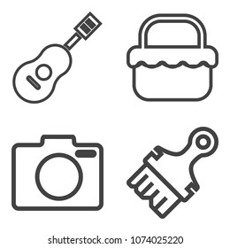 Premium outline set containing piano, picnic, relaxation, harp, photo, music, violin, nature, lunch, guitar, food icons. Simple, modern flat vector illustration for mobile app, website or desktop app