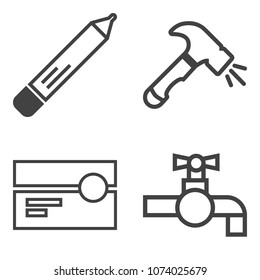 Premium outline set containing play, wash, cassette, brush, metal, marker, office, pencil, hammer, work, kitchen icons. Simple, modern flat vector illustration for mobile app, website or desktop app