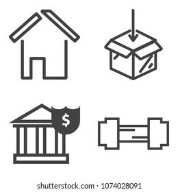 Premium outline set containing real, fitness, activity, estate, coin, home, currency, active, fit, upload, sign icons. Simple, modern flat vector illustration for mobile app, website or desktop app