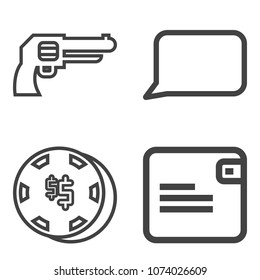 Premium outline set containing risk, revolver, cash, crime, bag, gambling, military, wallet, chance, shape, dialog icons. Simple, modern flat vector illustration for mobile app, website or desktop app