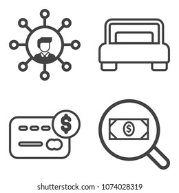 Premium outline set containing room, bank, plastic, finance, pay, home, search, cash, technology, web, cellphone icons. Simple, modern flat vector illustration for mobile app, website or desktop app