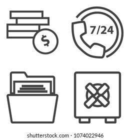 Premium outline set containing safe, paper, safety, dollar, money, contact, support, cash, empty, security, phone icons. Simple, modern flat vector illustration for mobile app, website or desktop app